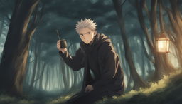 This high-quality digital art image, drawn in the style of the anime series Jujutsu Kaisen, cinematically portrays a lone traveler journeying through a dark, dense European forest