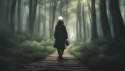 This high-quality digital art image, drawn in the style of the anime series Jujutsu Kaisen, cinematically portrays a lone traveler journeying through a dark, dense European forest