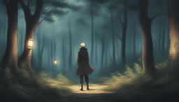 This high-quality digital art image, drawn in the style of the anime series Jujutsu Kaisen, cinematically portrays a lone traveler journeying through a dark, dense European forest