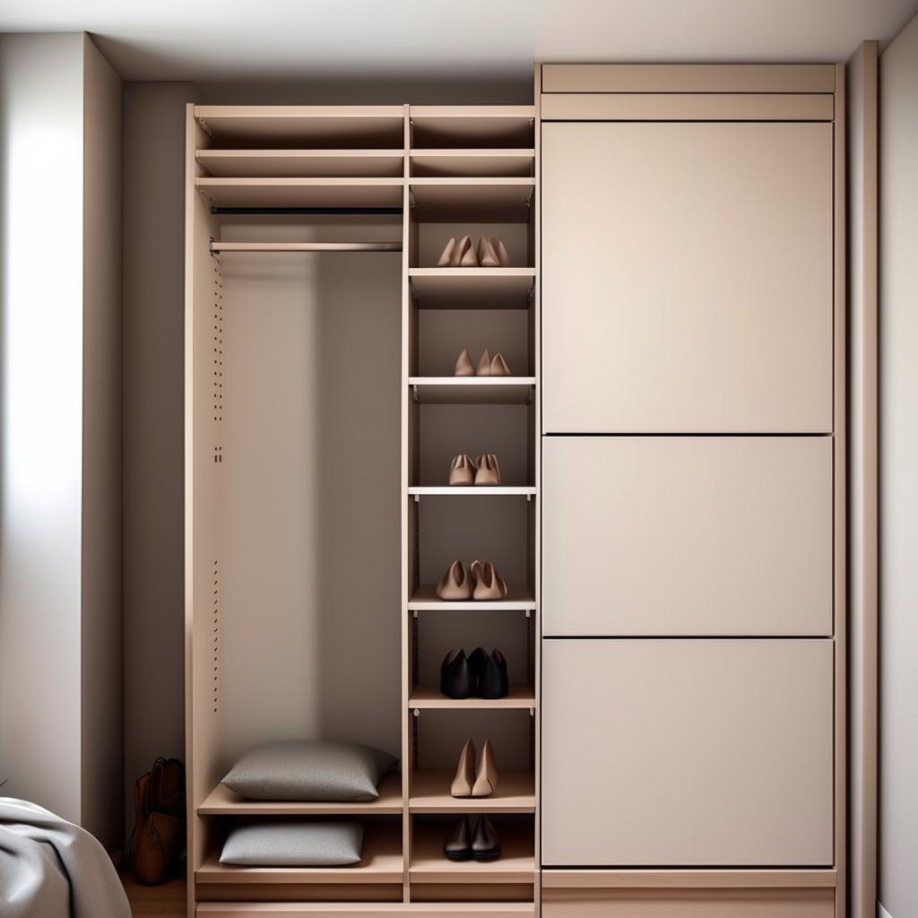 Small bedroom functional closet, dimensions 140 cm width, 270 cm height, 65 cm depth, maximized storage, modern design