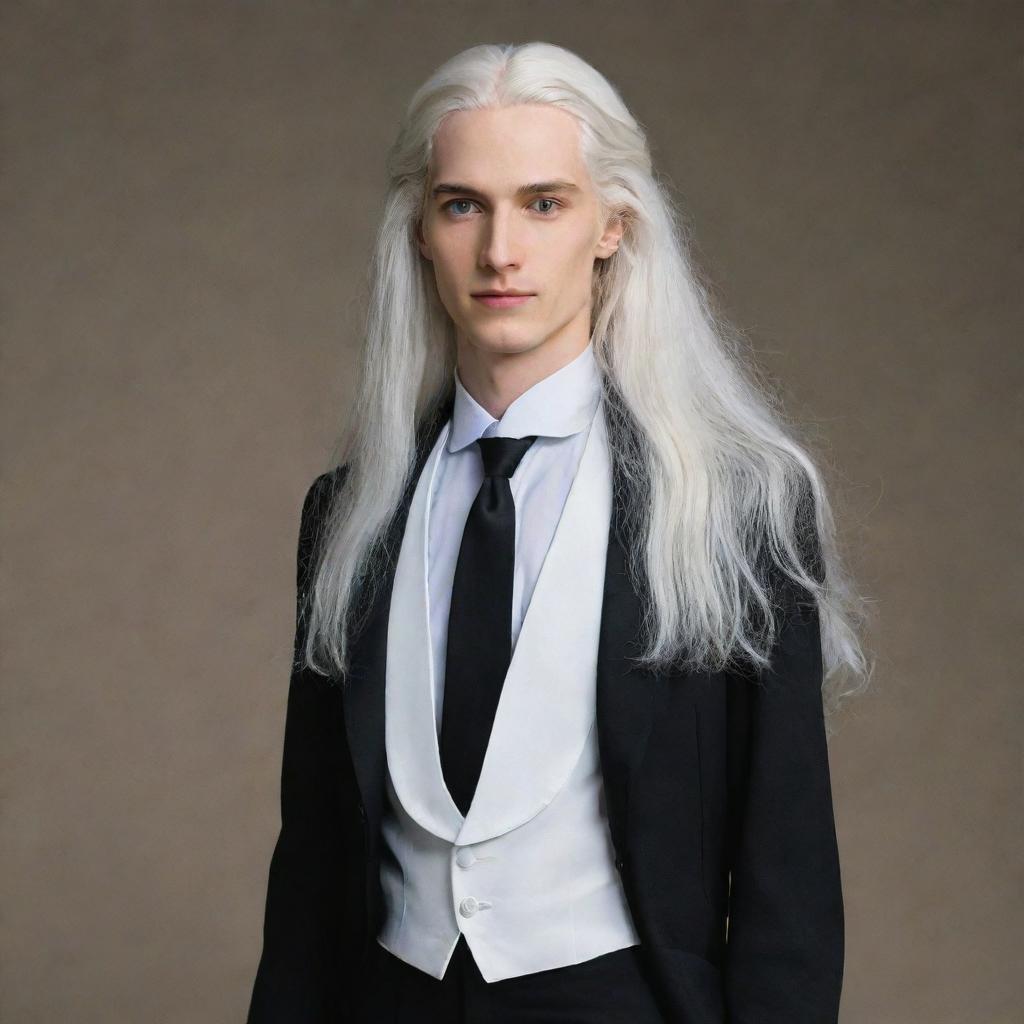 A slender young man with long, flowing white hair, dressed in formal attire.