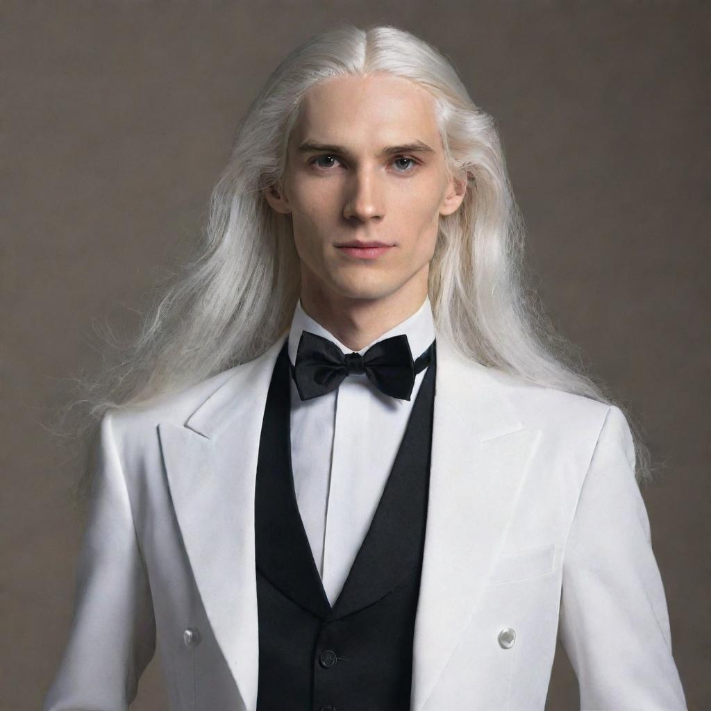 A slender young man with long, flowing white hair, dressed in formal attire.