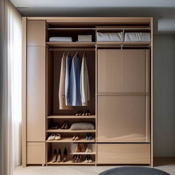 Small bedroom functional closet, dimensions 140 cm width, 270 cm height, 65 cm depth, maximized storage, modern design