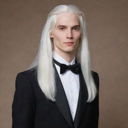 A slender young man with long, flowing white hair, dressed in formal attire.