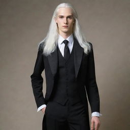 A slender young man with long, flowing white hair, dressed in formal attire.