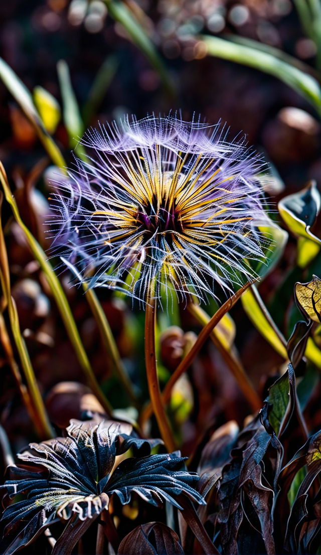 Ultra-close up photograph of a single purple dandelion growing amongst weeds, with intense detail and National Geographic quality.