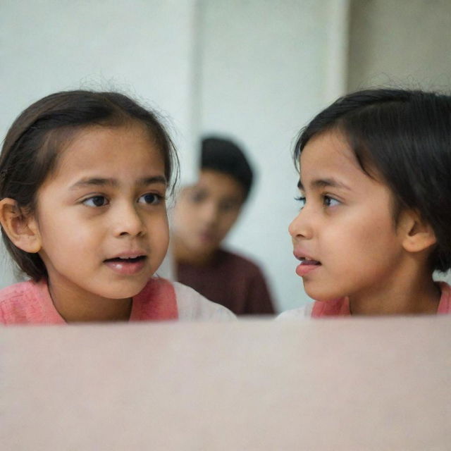 A young girl and boy facing mirror taking a picture, reflecting their expressions in the mirror.