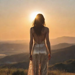 A breathtaking scene of a woman standing with the sun setting behind her, casting a golden glow illuminating the surrounding landscape.