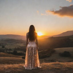 A breathtaking scene of a woman standing with the sun setting behind her, casting a golden glow illuminating the surrounding landscape.