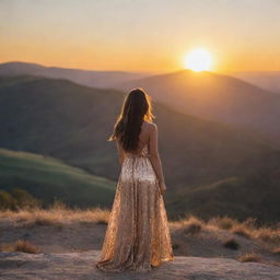 A breathtaking scene of a woman standing with the sun setting behind her, casting a golden glow illuminating the surrounding landscape.