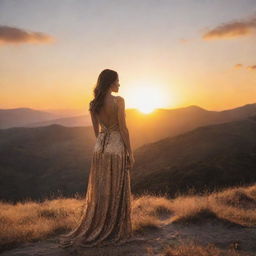 A breathtaking scene of a woman standing with the sun setting behind her, casting a golden glow illuminating the surrounding landscape.