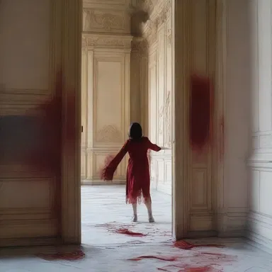 The protagonist in the horror movie slowly opened the creaking door, revealing a pair of bloodied hands reaching out from behind the louvre.