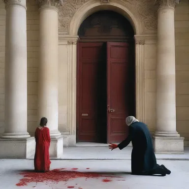The protagonist in the horror movie slowly opened the creaking door, revealing a pair of bloodied hands reaching out from behind the louvre.