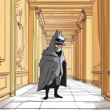 The cartoon character tiptoed into a room and hid behind a louvre to spy on the unsuspecting villain.