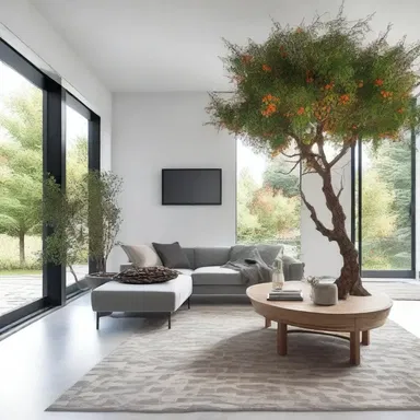 The rowan tree adds a touch of elegance and warmth to the modern interior design of the house.