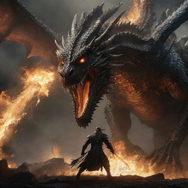 Epic scene of a character from Elden Ring engaged in a fierce battle with a towering, fire-breathing dragon