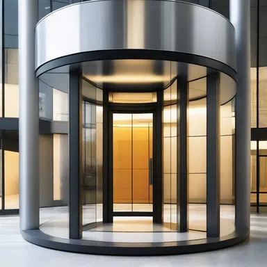 The modern office building had a sleek and stylish revolving door as its main entrance, giving it a futuristic and welcoming appearance.