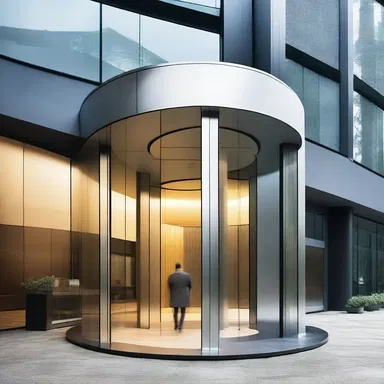 The modern office building had a sleek and stylish revolving door as its main entrance, giving it a futuristic and welcoming appearance.