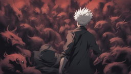 This high-quality digital art image, drawn in the style of the anime series Jujutsu Kaisen, cinematically portrays a man standing defiantly amidst a shadowy, angry crowd of demons