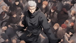 This high-quality digital art image, drawn in the style of the anime series Jujutsu Kaisen, cinematically portrays a man standing defiantly amidst a shadowy, angry crowd of demons