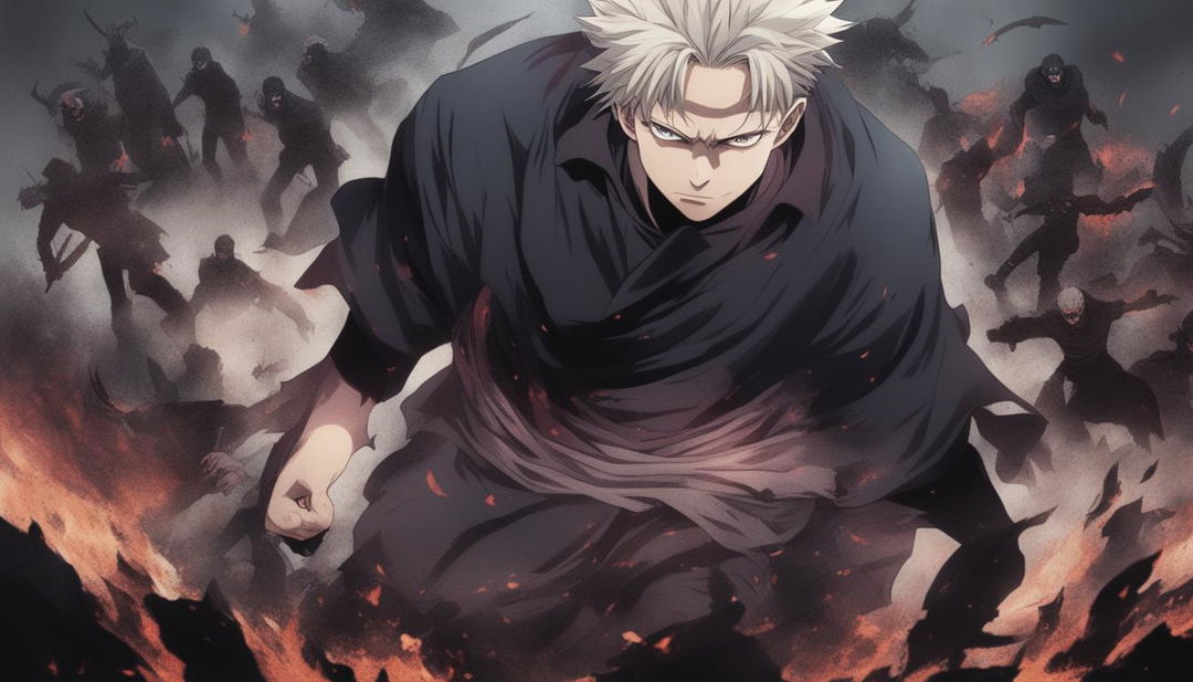 This high-quality digital art image, drawn in the style of the anime series Jujutsu Kaisen, cinematically portrays a man standing defiantly amidst a shadowy, angry crowd of demons