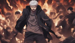 This high-quality digital art image, drawn in the style of the anime series Jujutsu Kaisen, cinematically portrays a man standing defiantly amidst a shadowy, angry crowd of demons