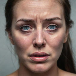 An emotionally powerful depiction of a woman crying, eyes welling up with tears, reflecting sadness or intense emotions