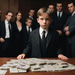 An innocent boy caught in the middle of a mafia gathering, with confident women counting stacks of money and menacing bodyguards standing vigilant in the background.