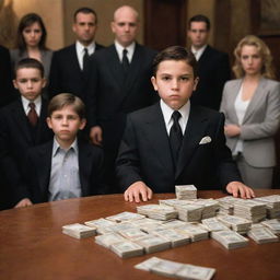 An innocent boy caught in the middle of a mafia gathering, with confident women counting stacks of money and menacing bodyguards standing vigilant in the background.