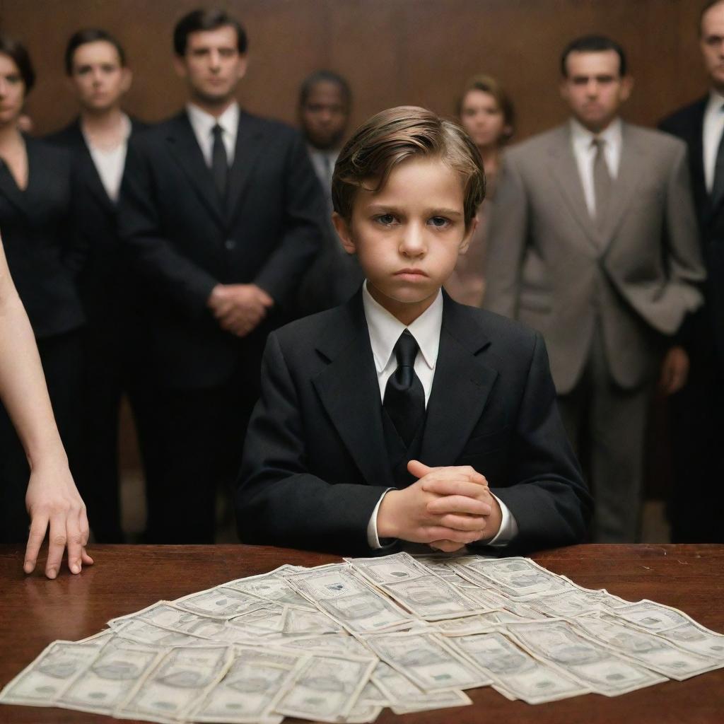 An innocent boy caught in the middle of a mafia gathering, with confident women counting stacks of money and menacing bodyguards standing vigilant in the background.