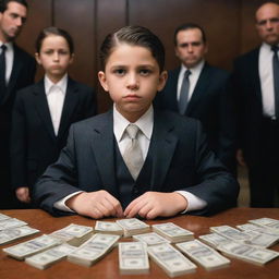 An innocent boy caught in the middle of a mafia gathering, with confident women counting stacks of money and menacing bodyguards standing vigilant in the background.