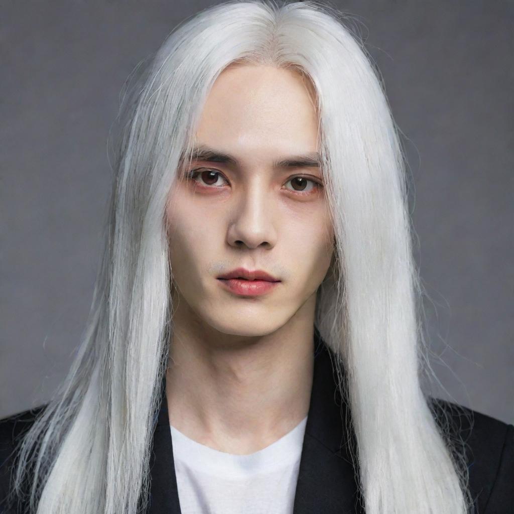 A slender young man with long falling white hair, red eyes and Korean features