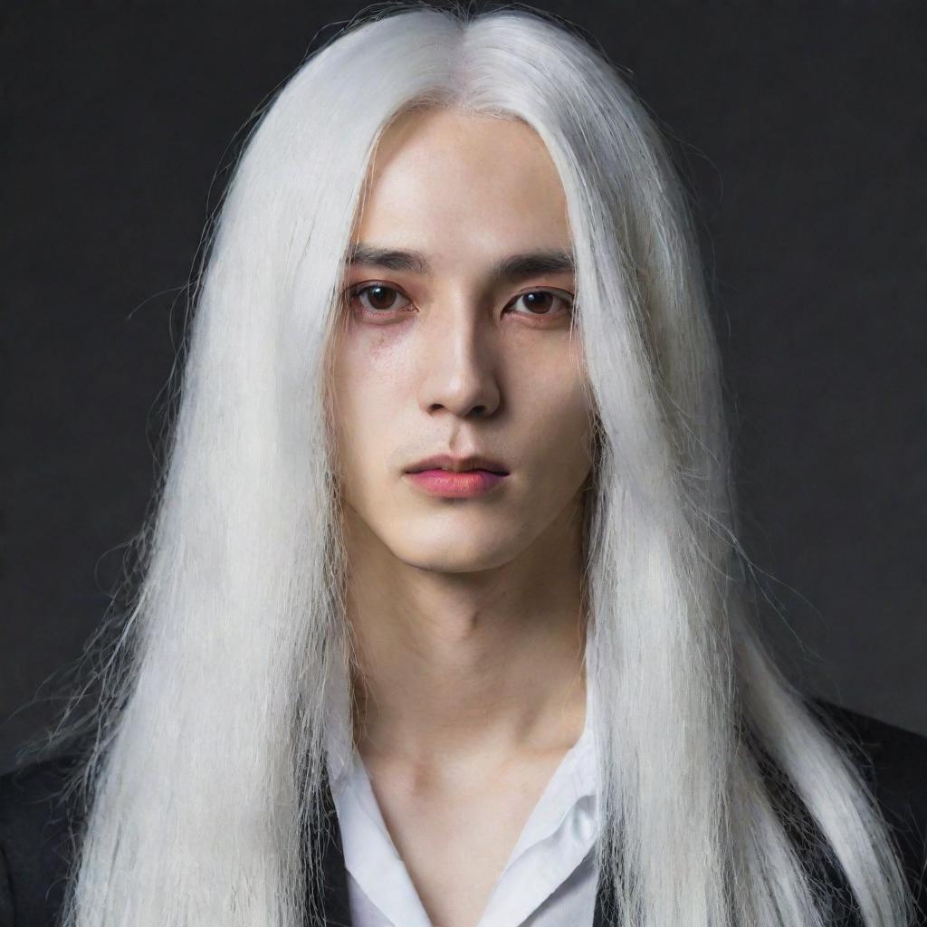 A slender young man with long falling white hair, red eyes and Korean features