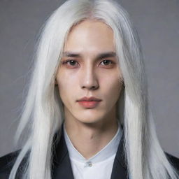 A slender young man with long falling white hair, red eyes and Korean features