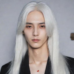 A slender young man with long falling white hair, red eyes and Korean features