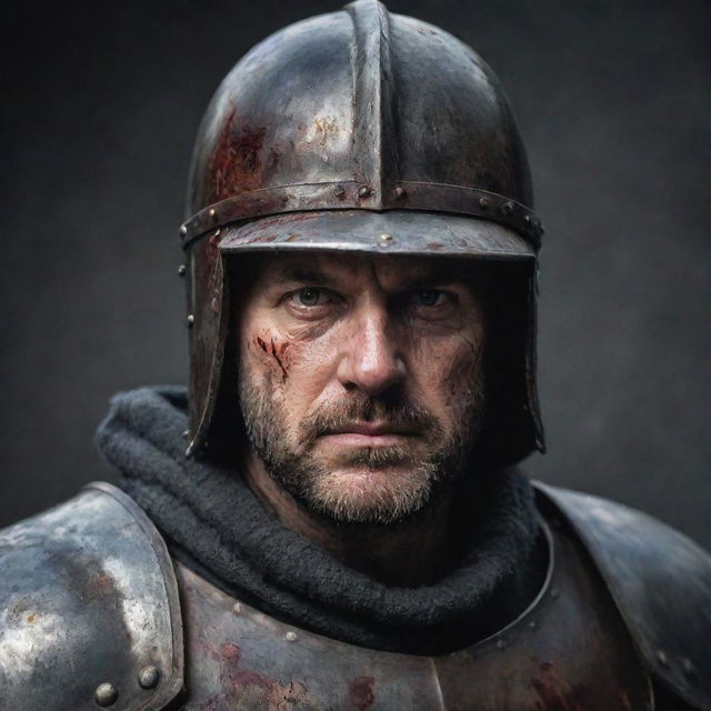 Intense portrait of a rugged knight, donned in an iron helmet streaked with fresh blood