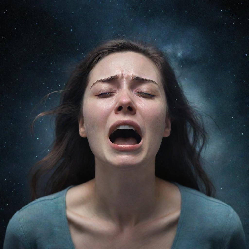 A poignant illustration of a woman crying passionately in the vast emptiness of space, her strong emotions contrasting with the cold, silent cosmos