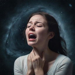 A poignant illustration of a woman crying passionately in the vast emptiness of space, her strong emotions contrasting with the cold, silent cosmos