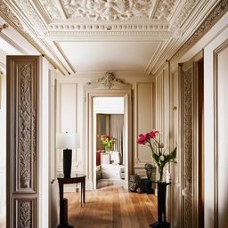 Elegant interior design blending traditional elements with contemporary flair, ornate moldings with minimalist furniture