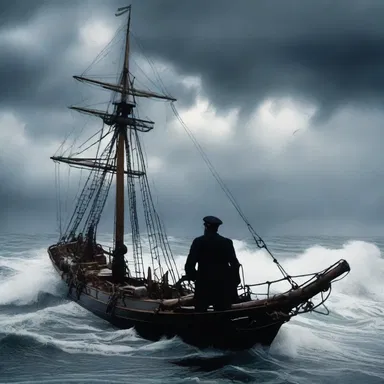 The film showcased a dramatic scene where the protagonist bravely sailed across the choppy sea during a storm.