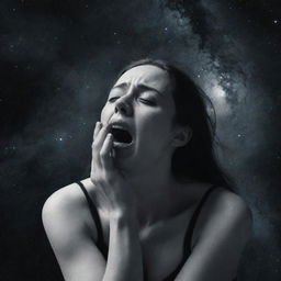 A poignant illustration of a woman crying passionately in the vast emptiness of space, her strong emotions contrasting with the cold, silent cosmos