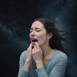 A poignant illustration of a woman crying passionately in the vast emptiness of space, her strong emotions contrasting with the cold, silent cosmos