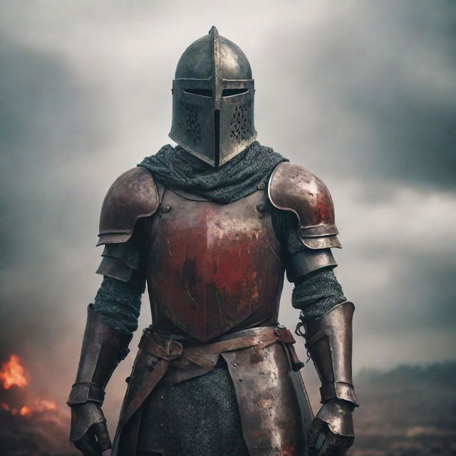 Pensive knight in a blood-stained iron helmet standing bravely amidst a chaotic battlefield