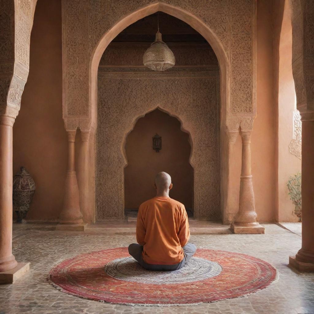 A Moroccan setting featuring someone involved in meditative posture, surrounded by traditional design elements