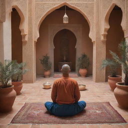 A Moroccan setting featuring someone involved in meditative posture, surrounded by traditional design elements