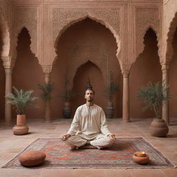 A Moroccan setting featuring someone involved in meditative posture, surrounded by traditional design elements