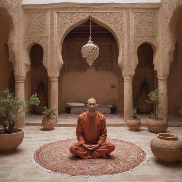 A Moroccan setting featuring someone involved in meditative posture, surrounded by traditional design elements