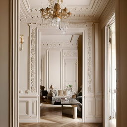 Elegant interior design blending traditional elements with contemporary flair, ornate moldings with minimalist furniture