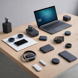 A collection of Nova branded electronics including sleek smartphones, ultra-thin laptops, state-of-the-art headphones, and innovative smartwatches, all displayed on a modern, clean table.