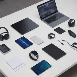 A collection of Nova branded electronics including sleek smartphones, ultra-thin laptops, state-of-the-art headphones, and innovative smartwatches, all displayed on a modern, clean table.